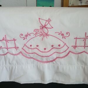 2 Set Vtg Hand Embroidered Pillowcases Southern Bell Hoop Skirt Bonnet Flowers